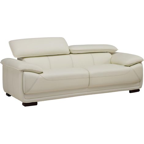 Vente-Unique – Canapé droit 3 places en cuir de vachette – Têtières ajustables – Longueur 204 cm – Confort équilibré – Ivoire