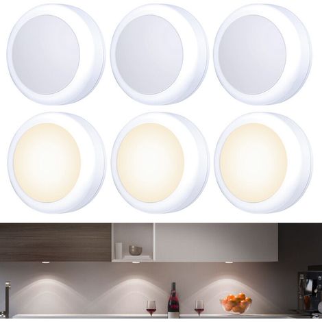 Ein Set aus 6 kleinen, selbstklebenden LED-Berührungsleuchten mit Batteriebetrieb.