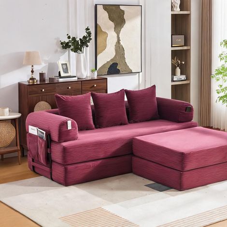 Canapé modulable en velours côtelé rouge profond avec pouf (1/5)