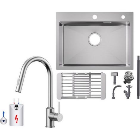 Küchenspüle aus Edelstahl 60x45cm Aufsatzwaschbecken Gebürstete + Ausziehbarer Niederdruck-Küchenarmatur Gebürstete Küche Wasserhahn Hohe 425MM (1/5)