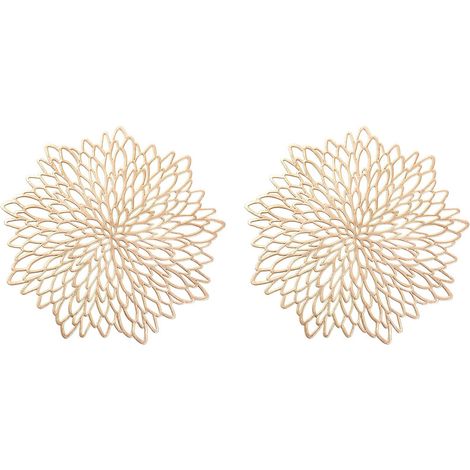 Ensemble de 4 sets de table ronds à motifs floraux en PVC doré, lavables et résistants à la chaleur. (1/5)