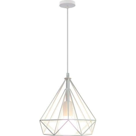 STOEX Lustre Suspension Cage Fer forme Diamant 25CM, Lampe Suspendue Vintage E27 Eclairage pour Salon Restaurant Chambre Décor - Blanc (1/4)