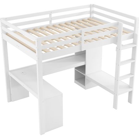 Letto a soppalco 140x200 bianco con scrivania integrata, ripiani multifunzione, LED e USB (1/5)