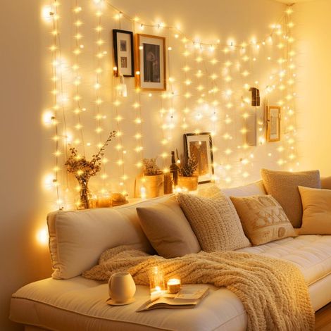 x 1 m, 100 LEDs, USB-Lichtervorhang für den Innenbereich mit 10 Haken für Schlafzimmer, Fenster, Party (Warmweiß) [Energieklasse E]