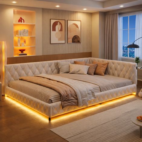 Lit Double 140x200 cm avec Éclairage LED Réglable et Port USB-C,Sommier à Lattes Solide,Canapé-lit rembourré,Lit de Jour,Lit banquette 2 Personnes,Velours teddy,Blanc (1/5)