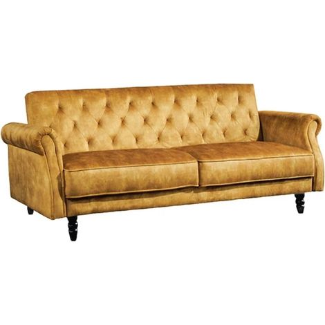 Canapé convertible MILES 3 places 220x90cm - velours jaune moutarde - couchage 110x180cm (1/5)