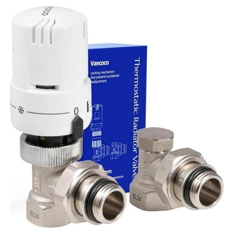Pair Robinet Thermostatique + Robinet de Retour Kit Complet 1/2 \"(15×21), Raccord Étanche, Régulateur de Radiateur, Coude en Équerre, Blanc, Sonde Liquide, Protection Anti-Gel, Norme EN215 (1/5)
