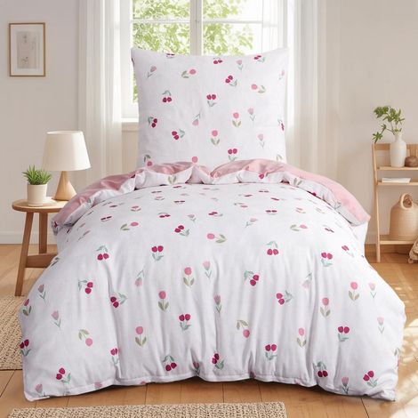 Bettwäsche 155x220 cm 2-teilig Mikrofaser mit Tulpenmuster Rosa, ÖKO-TEX, Reißverschluss