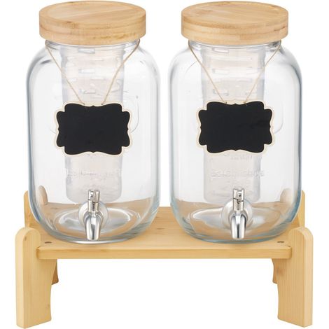 Distributeur de boissons en verre 3,8 L lot de 2 avec support en bois et robinet en inox idéal pour fêtes thé glacé limonade jus (1/5)