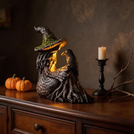 7.09" Figurine de sorcière d'Halloween avec arbre moussu et bougie corbeau (avec bougie) (1/5)