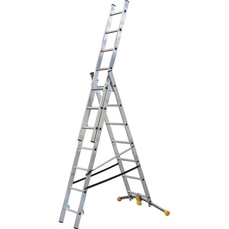 Hailo – Échelle transformable 3x7 barreaux – Longueur max. 4.07m – Multi-positions pour sols irréguliers – Barre stabilisatrice réglable