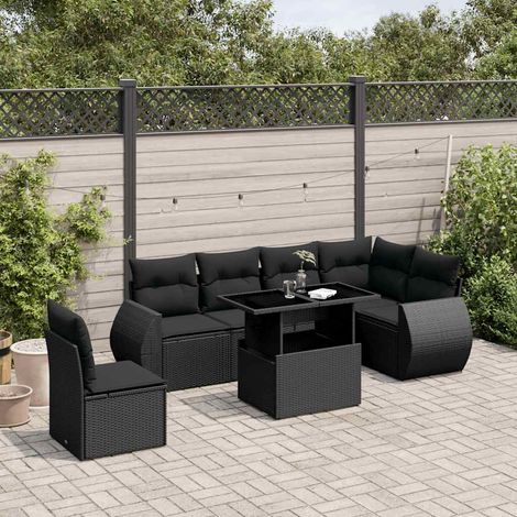 vidaXL 7-tlg. Garten-Sofagarnitur mit Kissen Schwarz Poly Rattan (1/5)