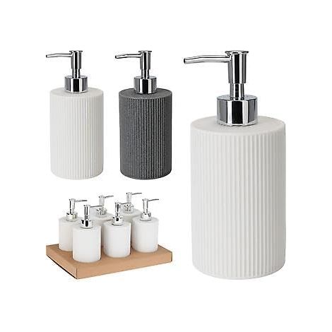 Pompe à savon céramique grise 18 cm, distributeur de savon liquide avec pompe à vide en céramique, flacon rechargeable pour salle de bain et cuisine. (1/3)