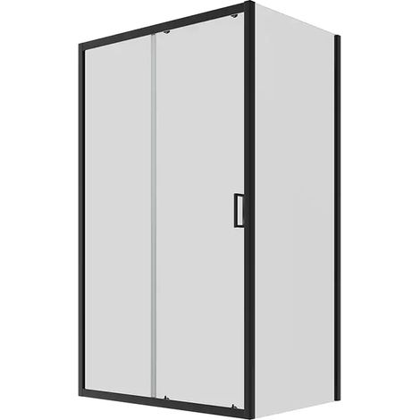 Cabine de douche 90x110 cm Porte coulissante et paroi fixe Profilés aluminium Verre opaque noir 6mm Transparent h190 - Réversible Mod. Lipari