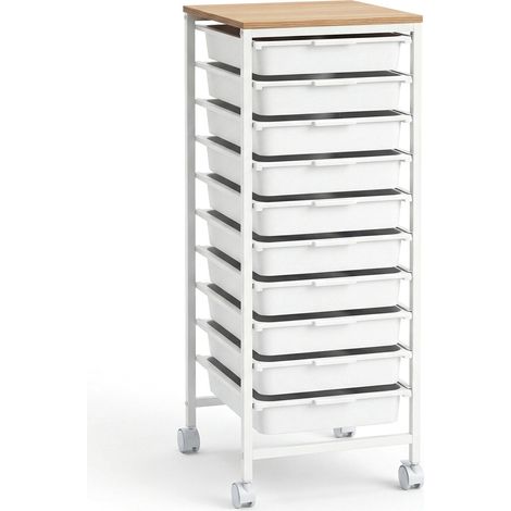 10-Drawer Rolling Storage Cart with Wooden Top, White (1/4)
