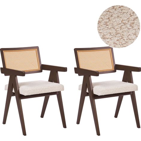 Set di 2 sedie da pranzo retrò Struttura in legno di gomma Seduta in bouclè Cucina Sala da pranzo Marrone scuro e Beige chiaro Ava