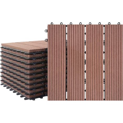 Carrelage WPC Carreaux de terrasse et de balcon 11x assemblables Aspect bois Jardin Carreaux à clipser Total env. 1m²(30x30cm/pièce, Marron) NAIZY