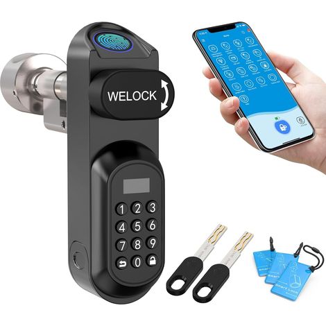 Smart Lock,Serrure Connectée,Serrure Empreinte Digitale avec Mot de Passe,RFID Carte,APP,serrure à code WiFi(Besoin wifibox),Cylindre Connecté 30/30 pour porte de 50-90mm,Facile à installer (1/5)