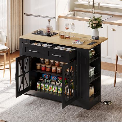 Kücheninsel auf Rollen 120 cm mit Klapptisch, AC-Steckdosen und USB, Schwarz/Natur HAVRYA (1/5)