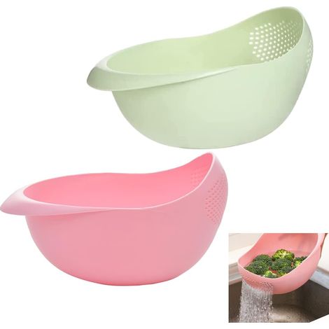 Colador de cocina de plástico, 2 piezas, cesta de drenaje de plástico grueso, recipiente de drenaje portátil multifuncional para escurrir pasta, verduras y frutas (rosa, verde)