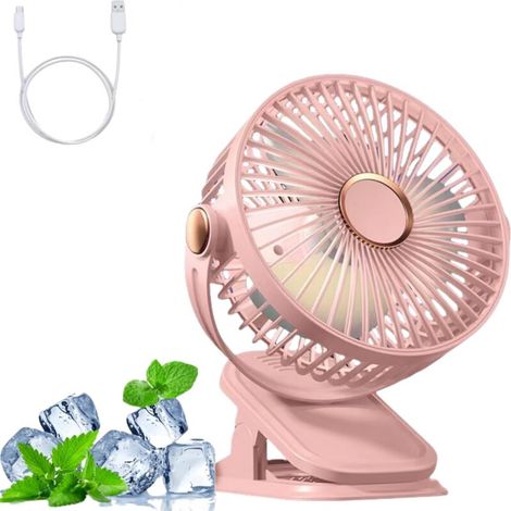 Ventilateur portable multifonction à clip pour camping, 5 vitesses réglables, alimenté par port USB, intégrant une veilleuse LED, couleur rose, capacité de batterie 1200 mAh