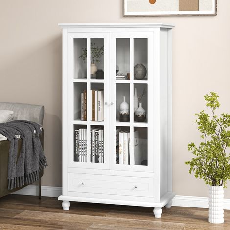 Bibliothèque Vitrine 2 Portes et 1 Tiroir Meuble Vitrine Verre avec Étagère Réglable Kits Anti-Basculement Inclus Vitrine SalonBlanc (1/3)