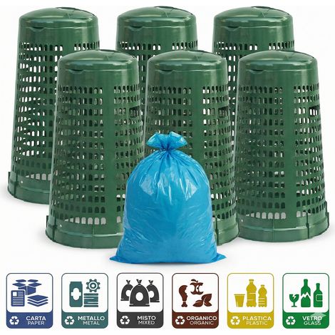 Set 6 Trespolo Porta Sacco 100 Litri Verde Traforato con Coperchio e Fermasacco + 20 Sacchi e 6 Etichette Adesive Bidone Spazzatura per Raccolta Differenziata Giardino Esterno isola ecologica pronta a