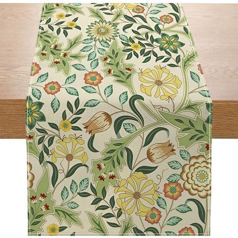 Tischläufer mit Waldblumenmuster, Grün, Frühling und Sommer – Grüner Tischläufer für Frühling und Sommer, ideal für Zuhause – Küchentischdekoration, festlicher Stil, 33 x 183 cm (1/5)