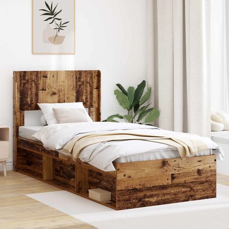 Cadre de lit 1 personne avec rangement et tête de lit, bois d’ingénierie, bois ancien 75 x 190 cm - PANGIVO (1/5)