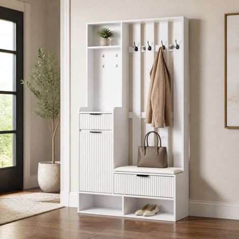 Mueble de entrada 6-en-1 con 8 ganchos, banco, 2 cajones, 100 x 30 x 180 cm, blanco (1/5)
