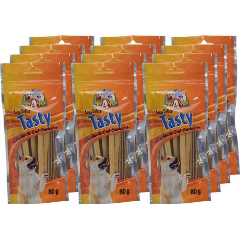 Snack Tasty Sandwich saveur poulet et morue pour chiens 12 paquets de 80 g chacun (1/5)