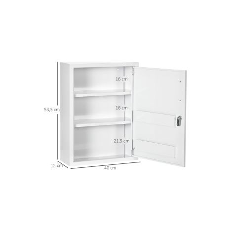 Armoire à pharmacie murale blanche en acier avec serrure et 2 clés, format 40 x 15 x 53,5 cm, pour salle de bains et cuisine (1/5)