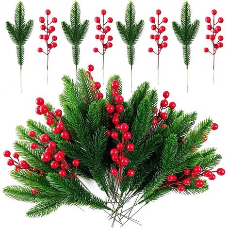 32 Stück künstliche Kiefernzweige, weihnachtliche Stechpalmenbeeren, künstliche rote Beerenstiele für Weihnachtskranzdekorationen, Weihnachtsbaumdekoration (1/5)