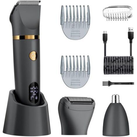Tondeuse multifonction 3 en 1 pour poils pubiens et corporels, lames en titane, rasoir électrique étanche IPX7, écran LED, humide/sec (1/4)