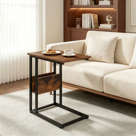 Table d'appoint en C rectangulaire - 36x55x59,5 cm - Bout de canapé fixe gain de place laptoptisch meuble de salon - Marron (1/5)