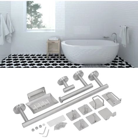 Ensemble de Support pour Salle de Bain 11 Pièces en Acier Inoxydable avec Barre de 15.6 Pouces et 8 Crochets Argenté (1/5)