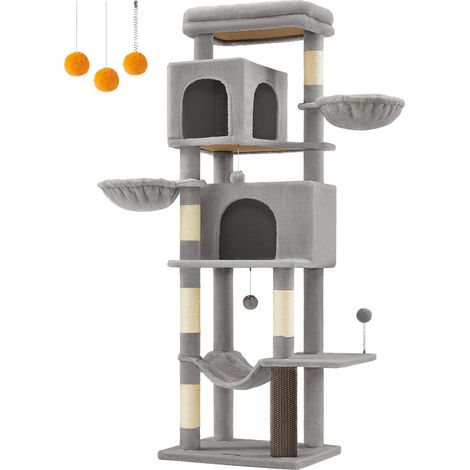 Feandrea – Arbre à chat 175 cm – 2 niches, 2 paniers, 5 griffoirs – Panneaux d'aggloméré, kit anti-bascule – Gris tourterelle (1/5)