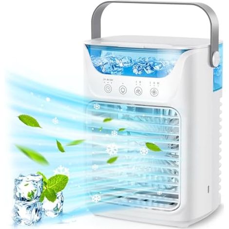 Humidificateur Climatiseur Portable 4 en 1, Ventilateur de Table avec 700ml, Brume Froide 2, 3 Temps Automatique, 7 Couleurs Veilleuse (1/5)