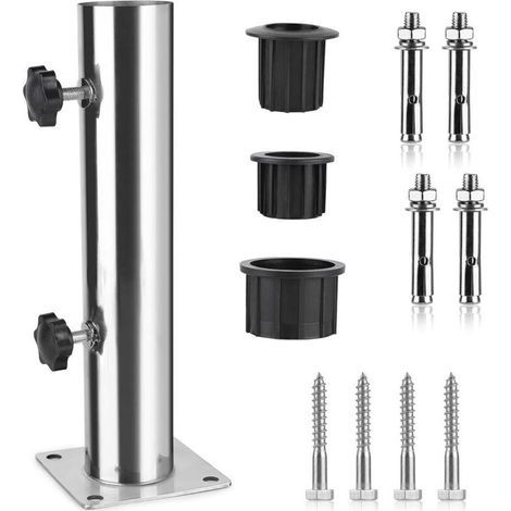 Tube Parasol , Pied de Parasol , Support Parasol en Acier Inoxydable Réglable avec 3 Anneaux de Réduction en PVC (32/38/48mm) , Pied pour Parasol avec 8 Clous en Acier (1/4)