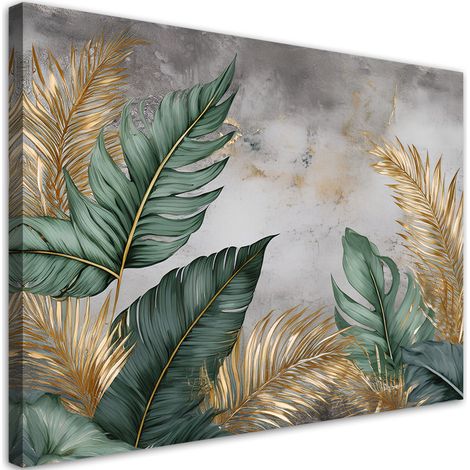 Tableau déco Feuilles vertes et dorées sur fond gris 100x70 (1/5)