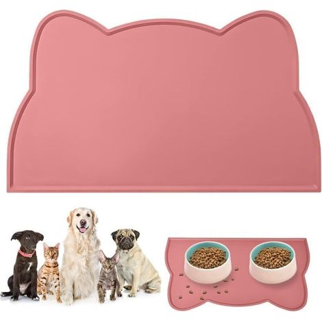 1 tapis de gamelle pour chien et chat rose 45 x 26 cm, tapis de gamelle antidérapant en forme de tête de chat mignon, tapis d'alimentation en silicone imperméable