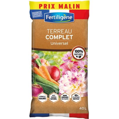 Terreau complet universel 40l – Formule équilibrée 100% naturelle – Enrichi en engrais organique – Sac recyclable 80% plastique recyclé – Fertiligene (1/2)