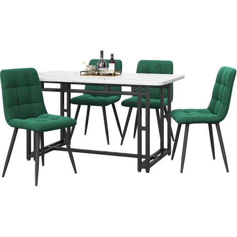 Table 120x70cm noire, 4 chaises velours vert foncé, pieds métal noir