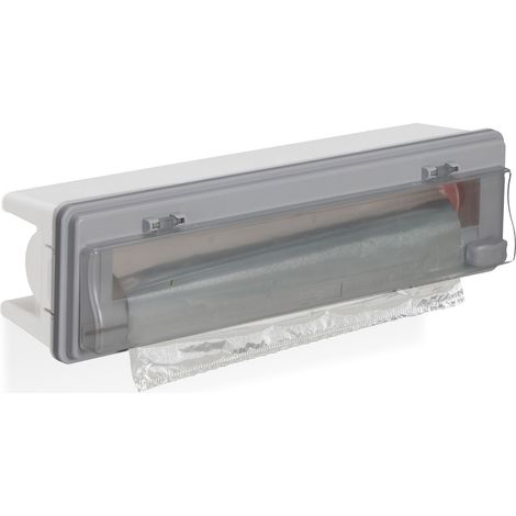 Relaxdays Taglia Pellicola da Cucina, Dispenser Porta Rotoli Plastica & Alluminio, per Parete e Cassetto, Grigio Bianco