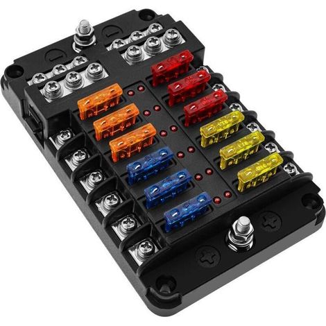 6/12-facher 12V-Sicherungskasten, Sicherungshalter mit 16 LED-Sicherungen und Schutzabdeckung für 12V/24V-Fahrzeuge (Auto, Boot, LKW, SUV) (12-fach)