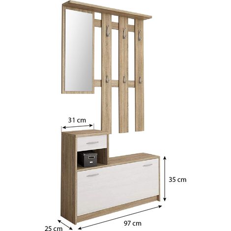 Bricozone – Mobile da ingresso Belem con scarpiera 97 x 35 x 25 cm – 6 ganci appendiabiti – Cassetto e specchio – Melanico bianco e quercia (1/3)