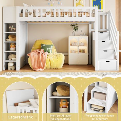 Mezzanine 90x200 cm blanc avec échelle à rangements, étagères et armoire pliante, espace libre sous le lit pour jeux de déguisement, garde-corps en forme de cœur, sans matelas