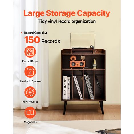Meuble Platine Vinyles 3 Niveaux, Support de Tourne-disque avec Lumière LED, Station de Charge et Ports USB, Capacité 150 Albums, Armoire à Disques Vinyles en Bois, Salon Chambre à Coucher (1/5)
