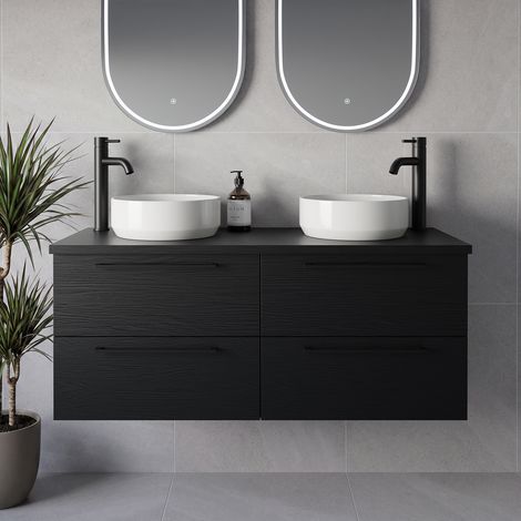 Napoli 460 Nero Oak 1200mm Wall Mounted 4 Drawer Vanity Unit for Countertop Basins - 1200mm - Matt Black 320mm Handle