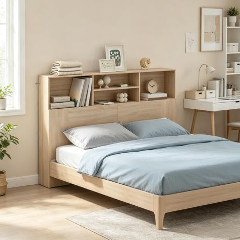 Cabecero de cama 140 cm con 4 compartimentos abiertos, madera natural, OKMYHOME (1/5)